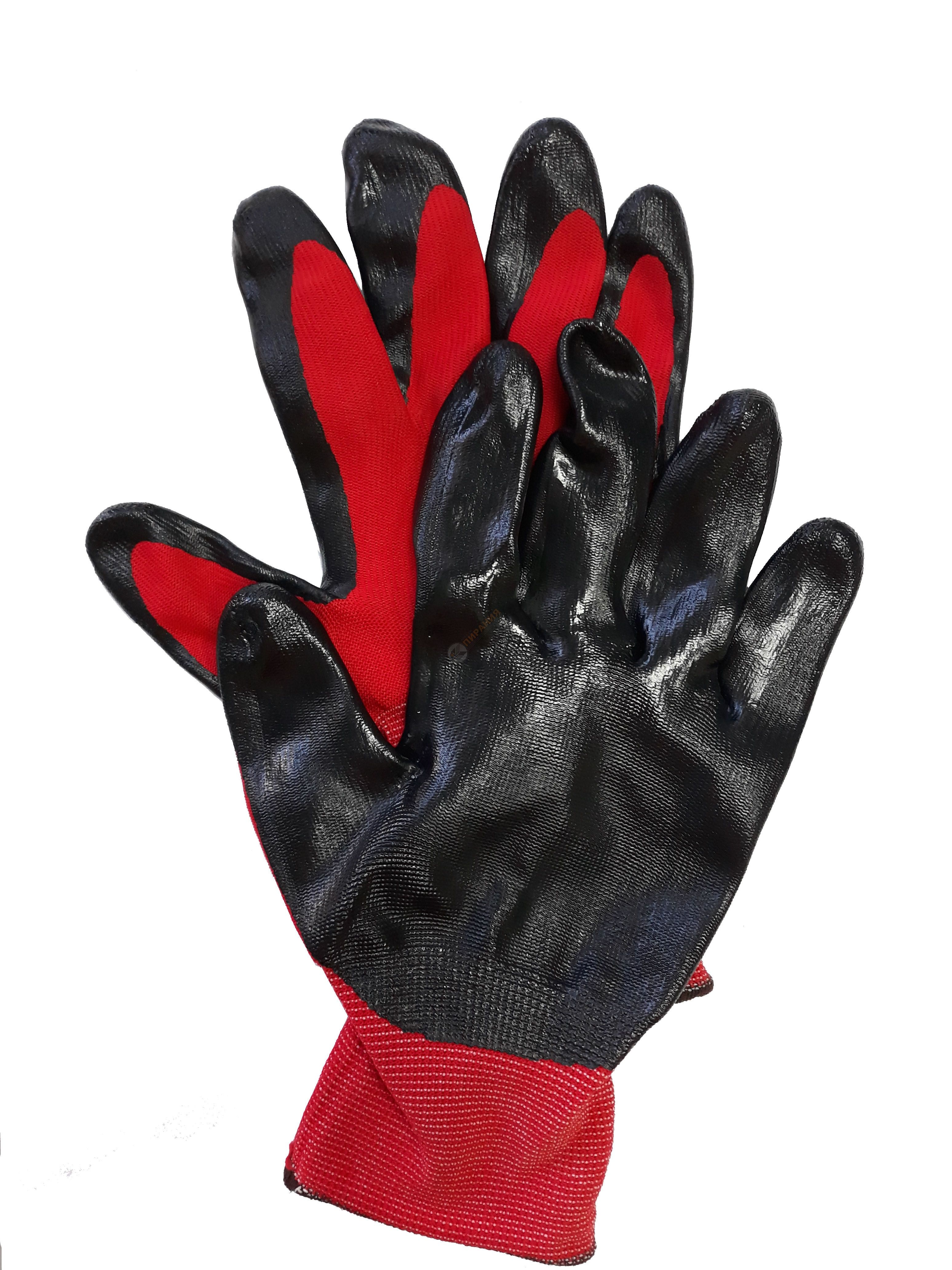 Фото Перчатки нейлоновые с нитриловым покрытием ЛЮКС (красно-черные) от магазина Пирания